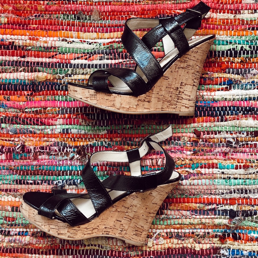 Colin Stuart Black Strapped Cork Wedges